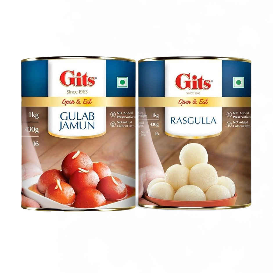 Gits Gulab Jamun Open & Eat (Tin) (1kg) & Gits Rasgulla Open & Eat (Tin) (1kg) Combo