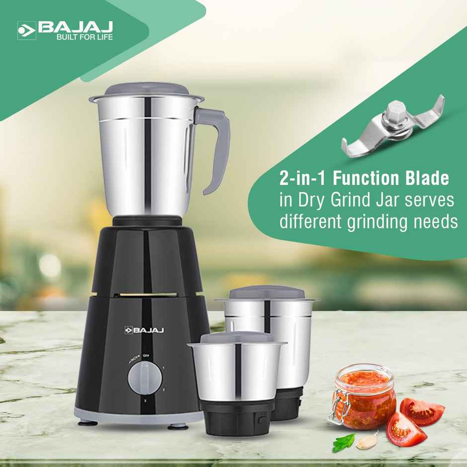 Bajaj GX-1 Mixer Grinder 500W | Superior Mixie For Kitchen |3 Stainless Steel Mixer Jars, 2-In-1 For Dry Grinding |Blade Function With Titan Motor,  Black