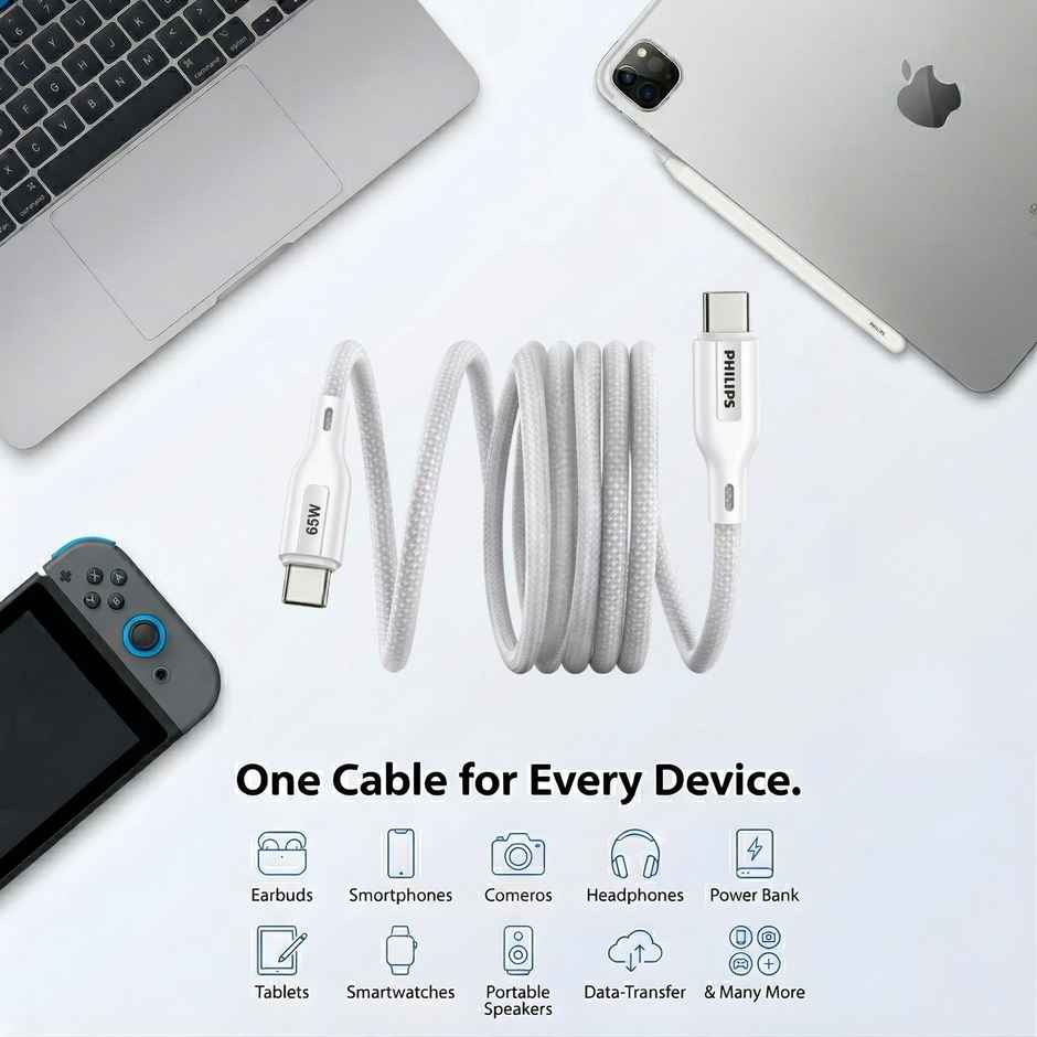 Philips 65W USB Type-C to Type-C Fast Charging Cable | Nylon Braided | 1m | Bright White