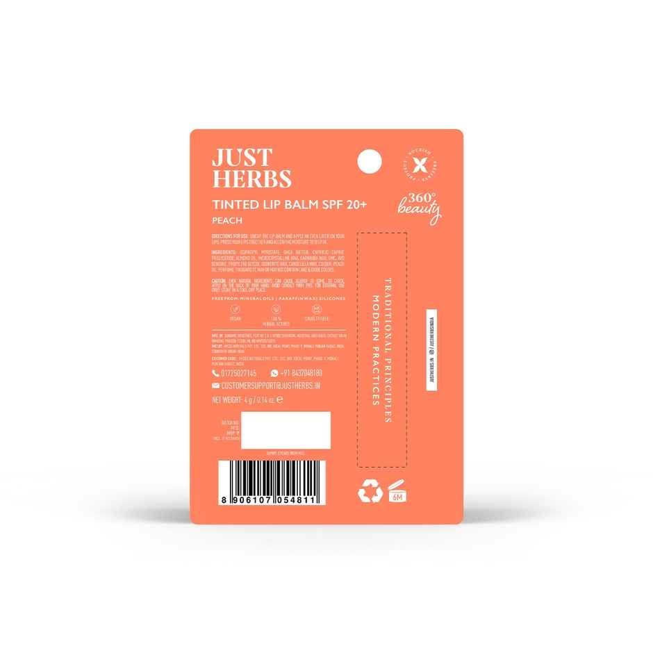 Just Herbs Tinted Lip Balm SPF 20+ For Dry And Chapped Lips For Women And Men - Peach