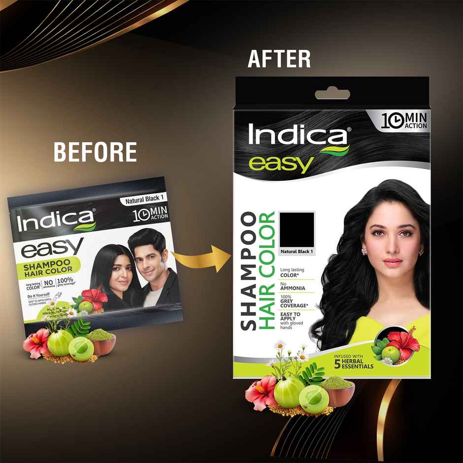 Indica Easy DIY 10 Min. Hair Color Shampoo-100% Ammonia Free, Natural Black