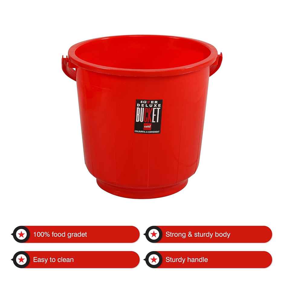 Cello Plastic Super Bucket Delux Red 25 Litre Strong and Durable Buckets Perfect Use in Bathrooms