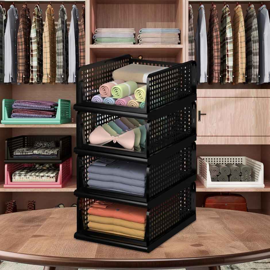 Kuber Industries Pack of 4 Large Storage Organizer For Clothes|Closet Storage Basket|Black