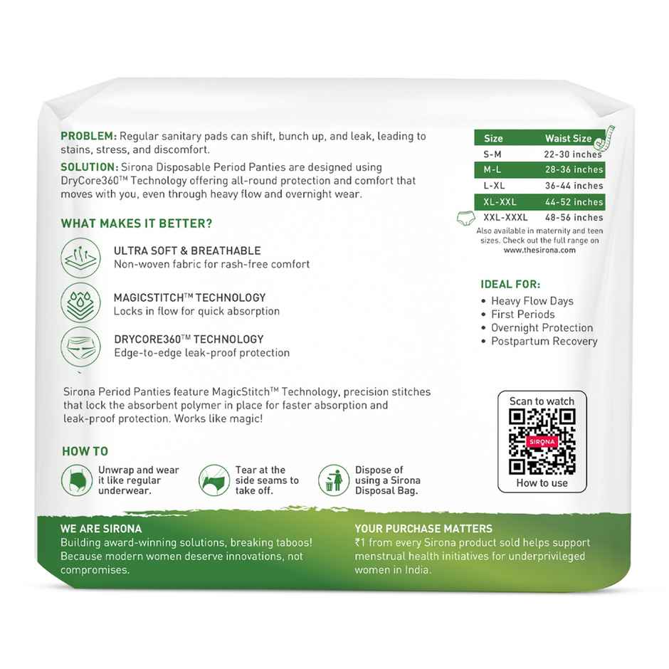 Sirona Disposable Period Panties 2XL-3XL, 5x More Absorption, 100% Rash Free, Leak-Proof