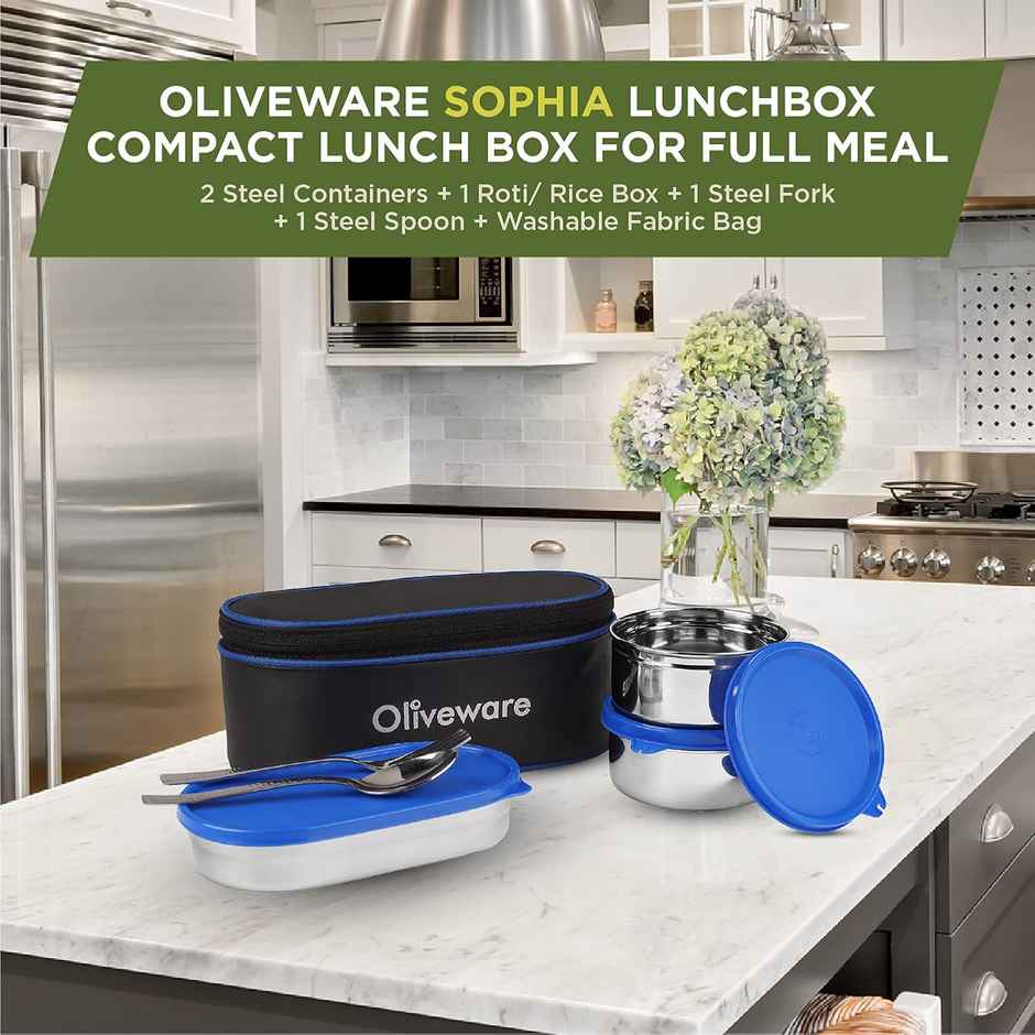 Oliveware Sophia Lunch Box, 3 Stainless Steel Container with BPA Free Lids and Steel Cutlery- Blue