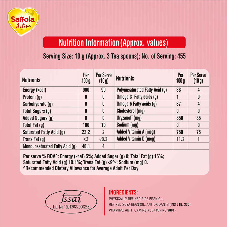 Saffola Active Rice Bran & Soyabean Oil | Rich in Omega 3 & Oryzanol