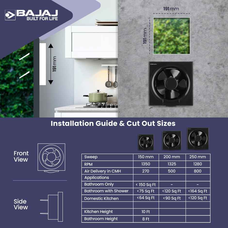 Bajaj AirOut Dom Exhaust Fan, 150mm, 4 Star, 100% Copper Motor, Auto Thermal Protector, Black