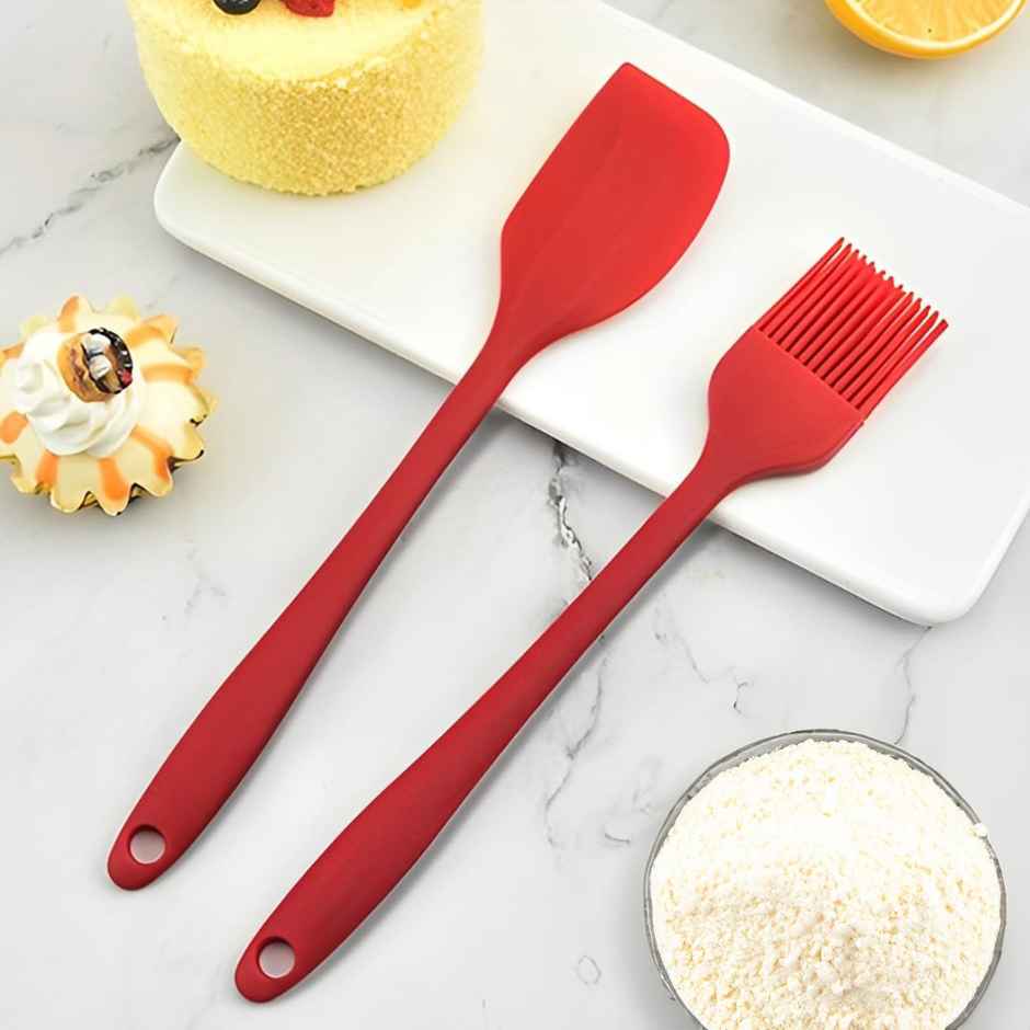 Clazkit Oil Brush for Cooking & Non-Stick Silicone Spatula (Set of 2) Baking & Mixing (RED)