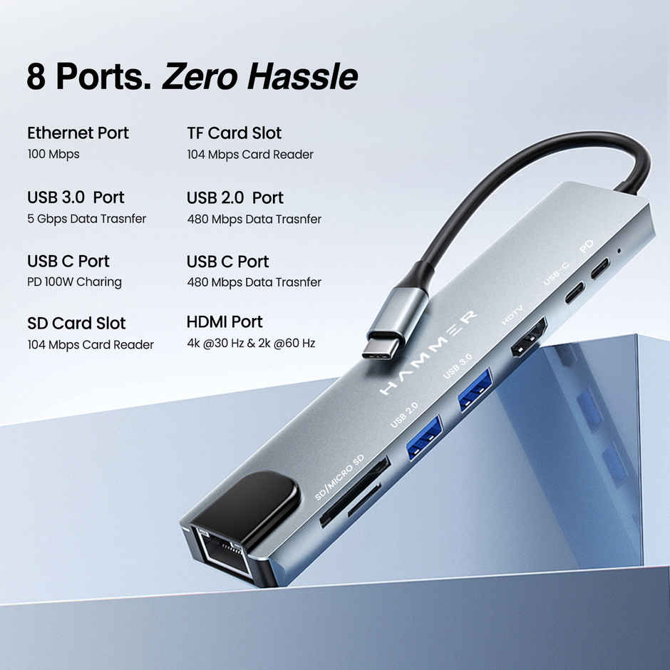 Hammer 8-in-1 USB-C Hub | 100W PD Charging, 5Gbps Data Transfer, HDMI 4K, RJ45 Ethernet Port | Grey