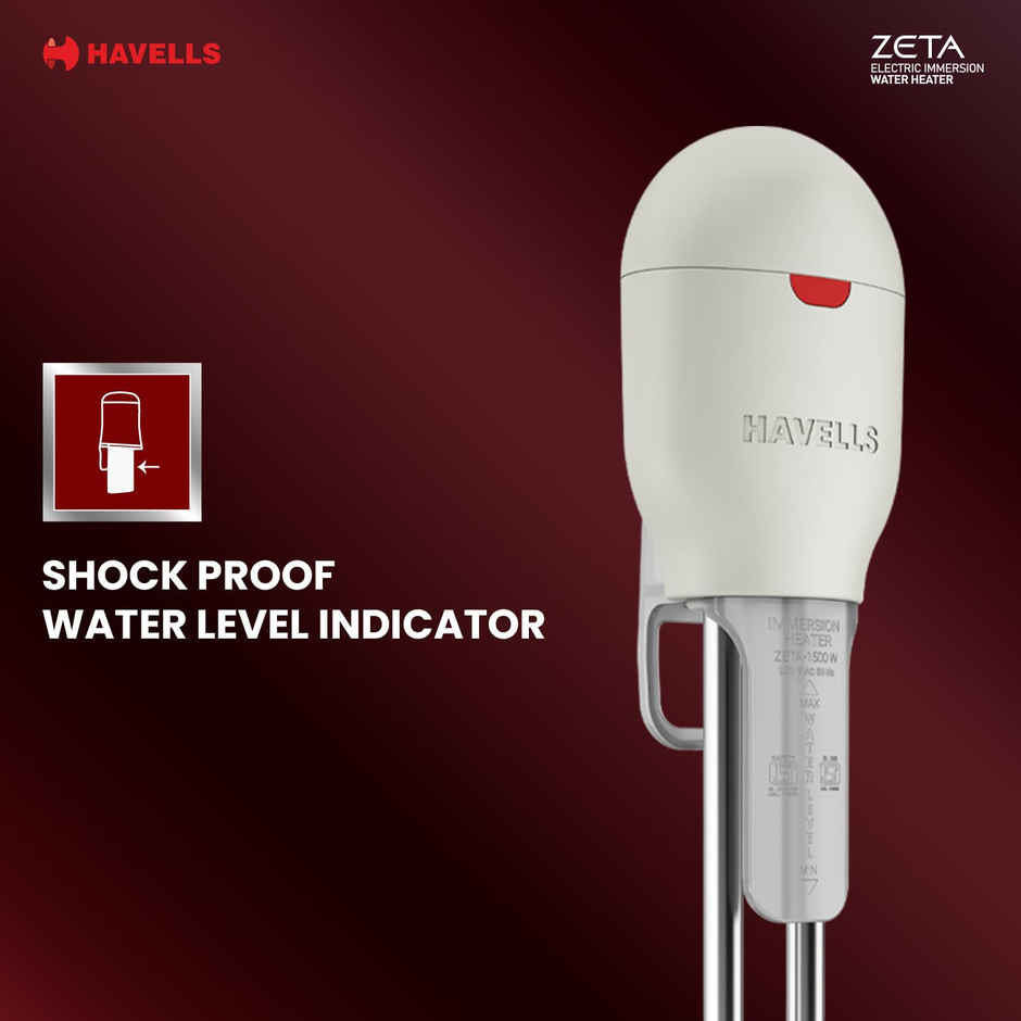 Havells Zeta 1000 watt Immersion Heater | ISI Mark Heavy Duty 3 Pin Moulded Plug | Grey