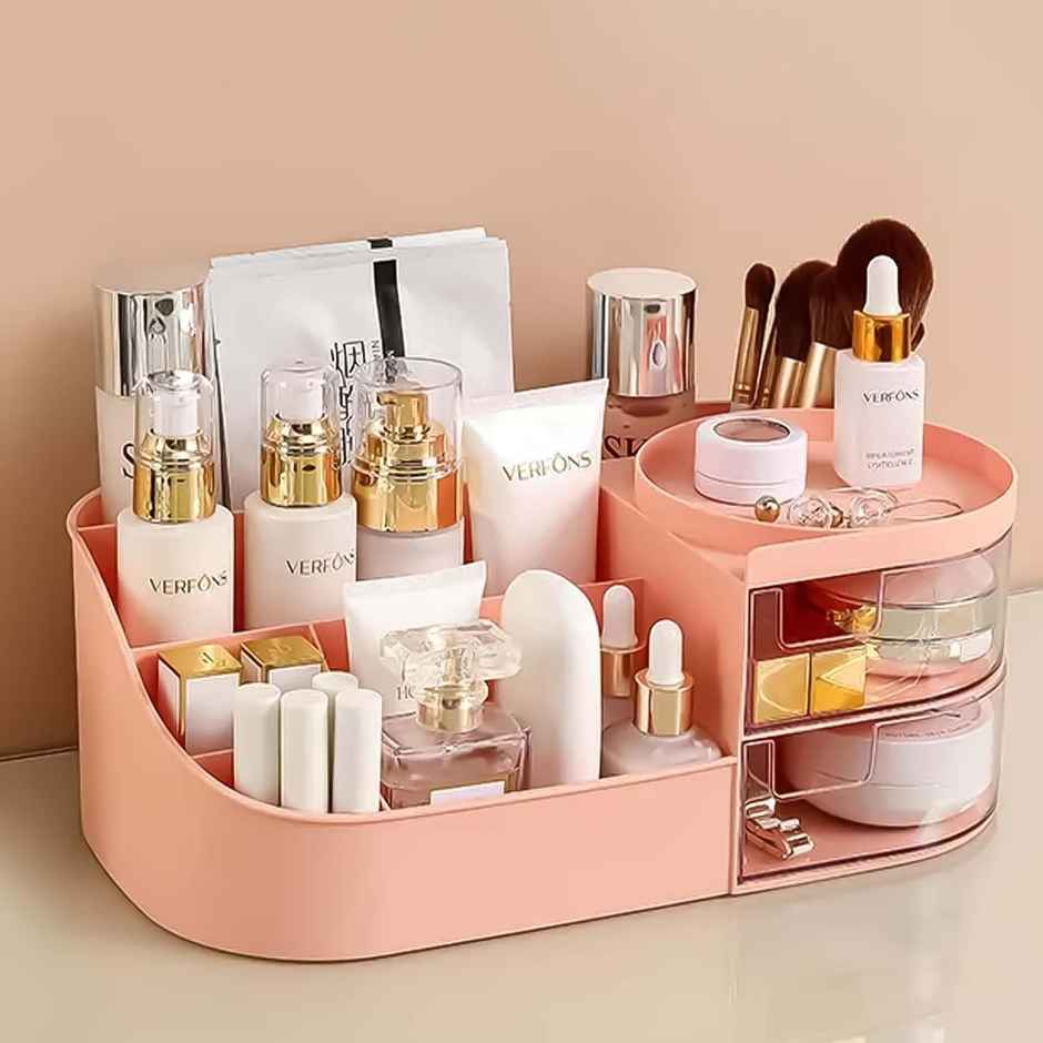 Perpetual Elegant Makeup Organizer with Transparent Drawer for Cosmetics, Skincare (Pink)