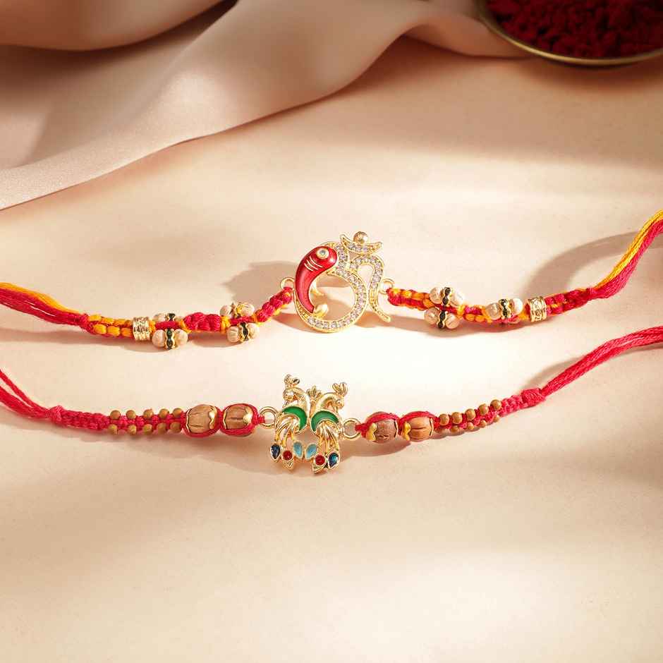 Rubans Gold Toned Set Of 2 Peacock And Om Motif Stone Studded Rakhi