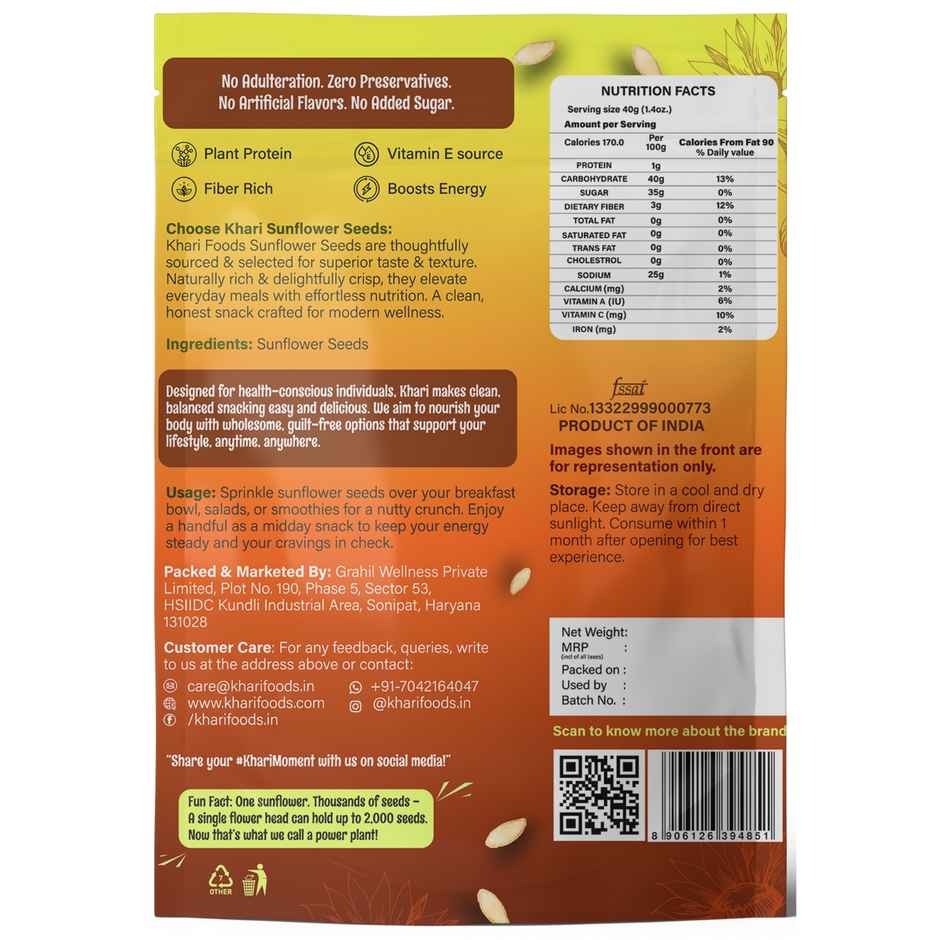 Khari Foods Premium Sunflower Seeds | Fibre Rich | Seeds for Eating