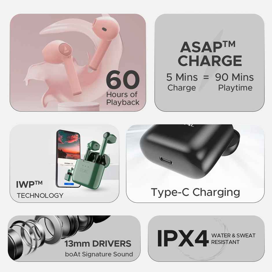 boAt Airdopes 131 Gen 2 Tws Earbuds W/ 60h Playtime, 13mm Drivers, Btv5.1 and Asap Charge - Viper Green