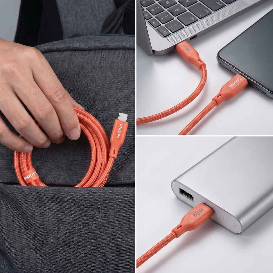 Philips DLC4130CR/94 65W USB Type-C to Type-C Fast Charging Cable | Nylon Braided | 1m