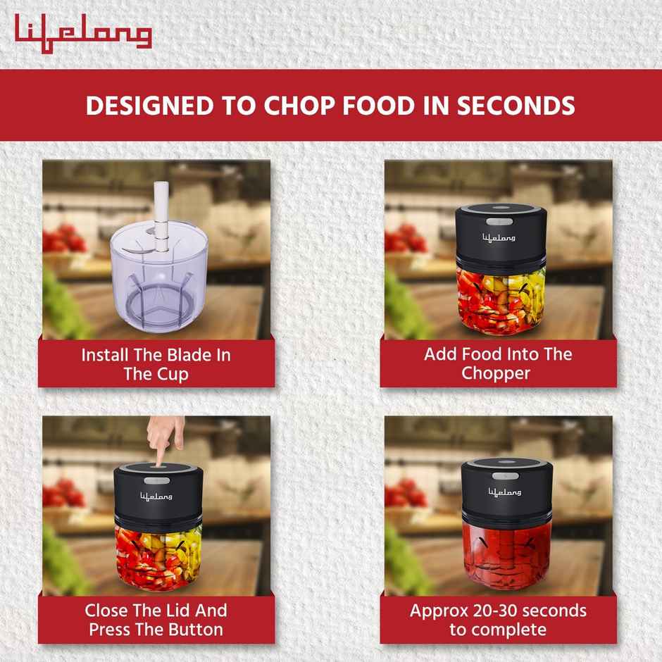 Lifelong 30 Watts USB Rechargeable Wireless Electric Chopper, 250 ML, with Stainless Steel Blades for Onion,Garlic,Vegetables,Nuts,Meat - Black