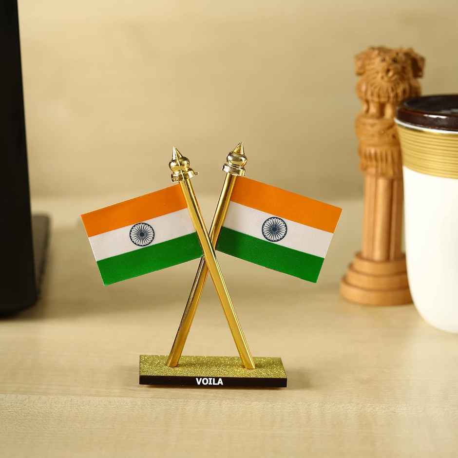 Voila Indian Flag Tiranga Cross Design Stand Double Sided Flag For Table Car Dashboard Home Decor
