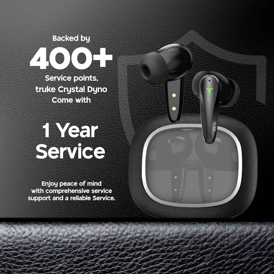 truke Crystal Dyno Leather Finish Earbuds w/ Spatial Audio, 70H Battery, Quad Mic ENC | Raven Black