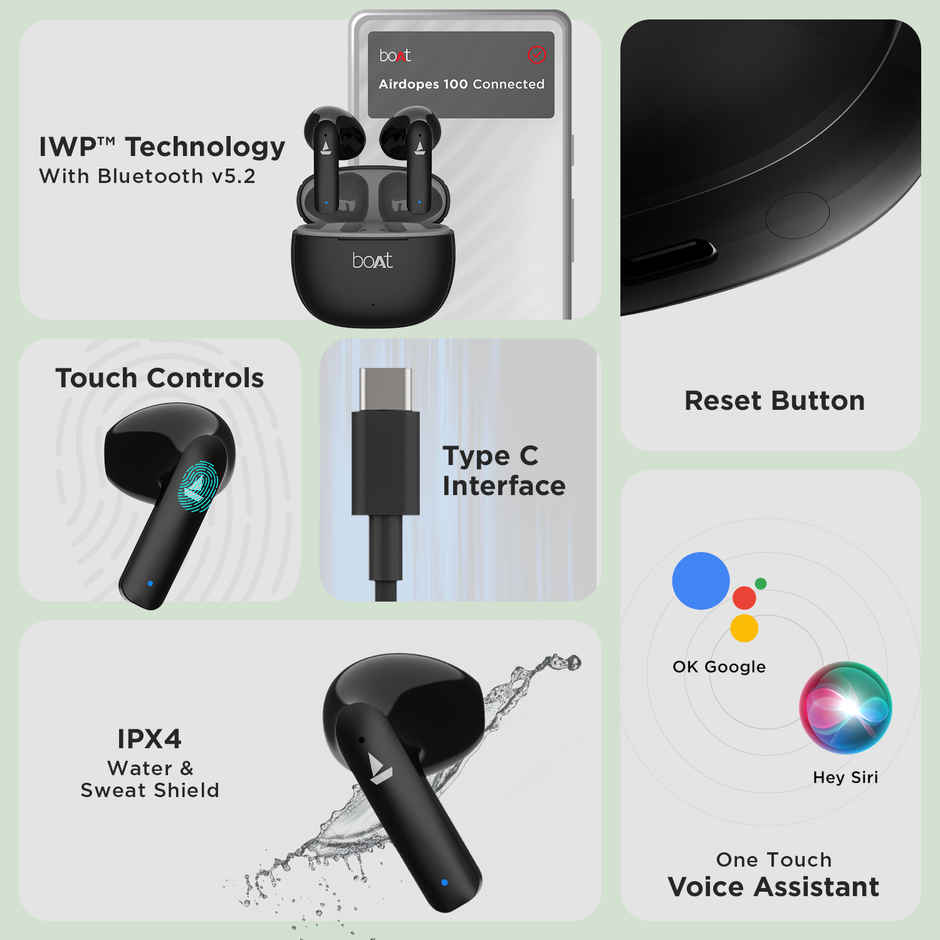 boAt Airdopes 100 TWS Earbuds w/ 50 Hrs Playtime, Quad Mics with ENx Tech & ASAP Charge (Opal Black)
