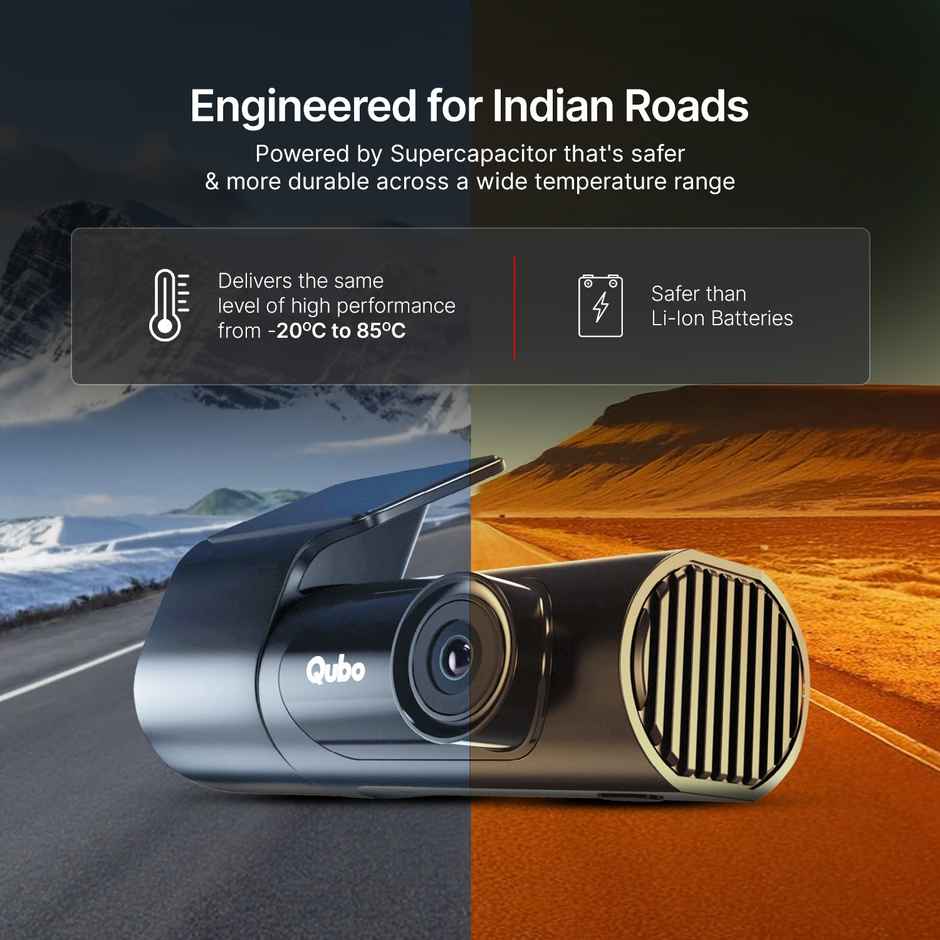 Qubo Car Dashcam Pro X by Hero Group | 3MP 1296P FHD+ Camera | NightPulse Vision | Wide-Angle FOV | Supercapacitor | Built-in Wi-Fi, Mic | App Control | G-Sensor | Up to 1TB Storage - Space Grey