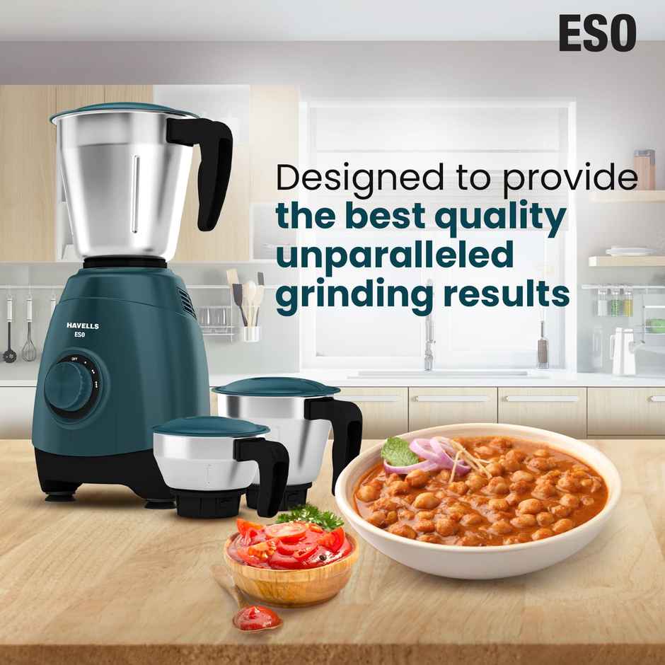 Havells Eso Mixer Grinder | 750 W | 3 Jars | 21K Rpm | Ss Jars With Handle - Teal & Black