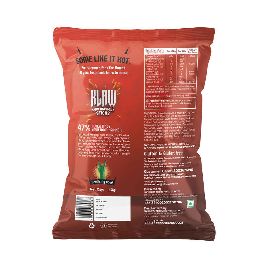 Klaw Masala Madness | Sprouted Moong & Jowar Sticks | Baked | No Palm Oil | High Protein