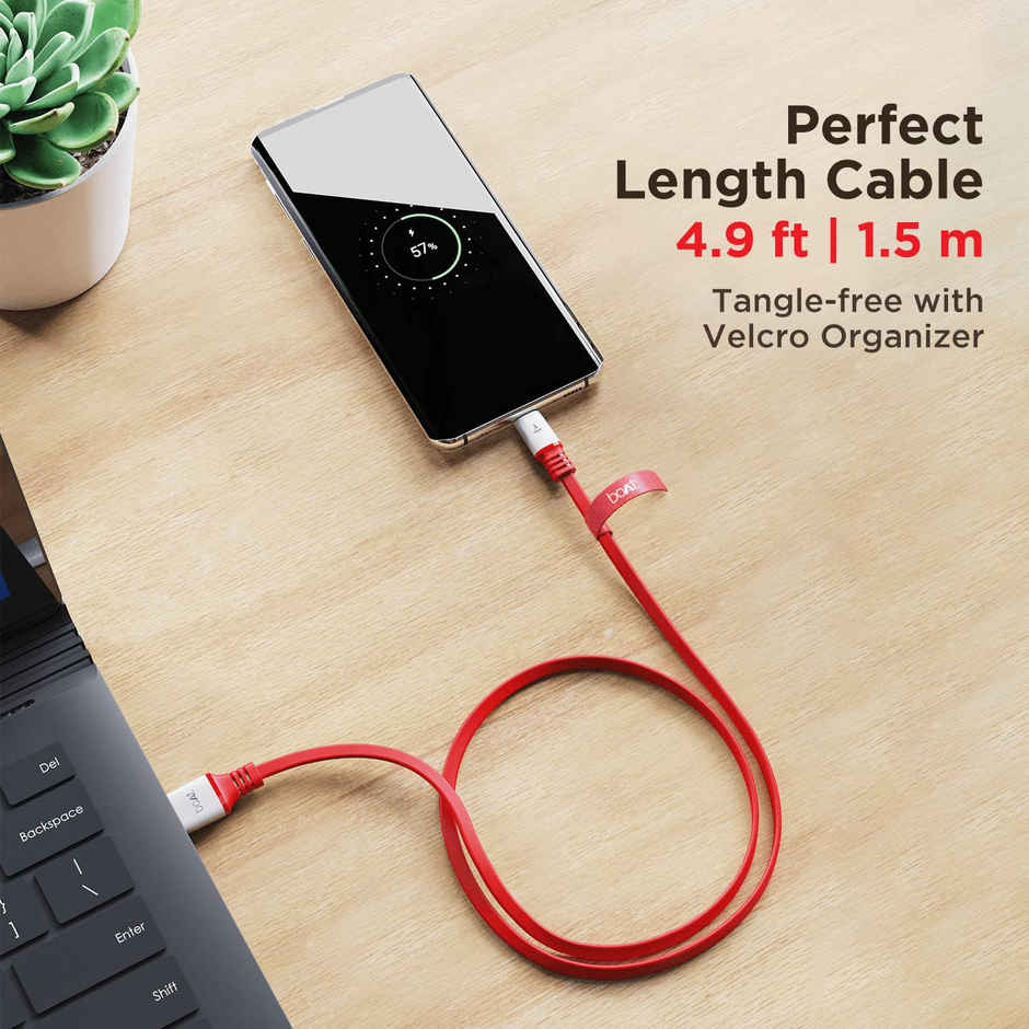 boAt Type C A750 6.5A Flat Super Fast Charging Cable w/Stress Resistance, Upto 65W/6.5Amp & Compatible w/Xiaomi, Oneplus, Samsung, Vivo, Oppo, 480 Mbps Data Transmission Speed,1.5m - Radiant Red