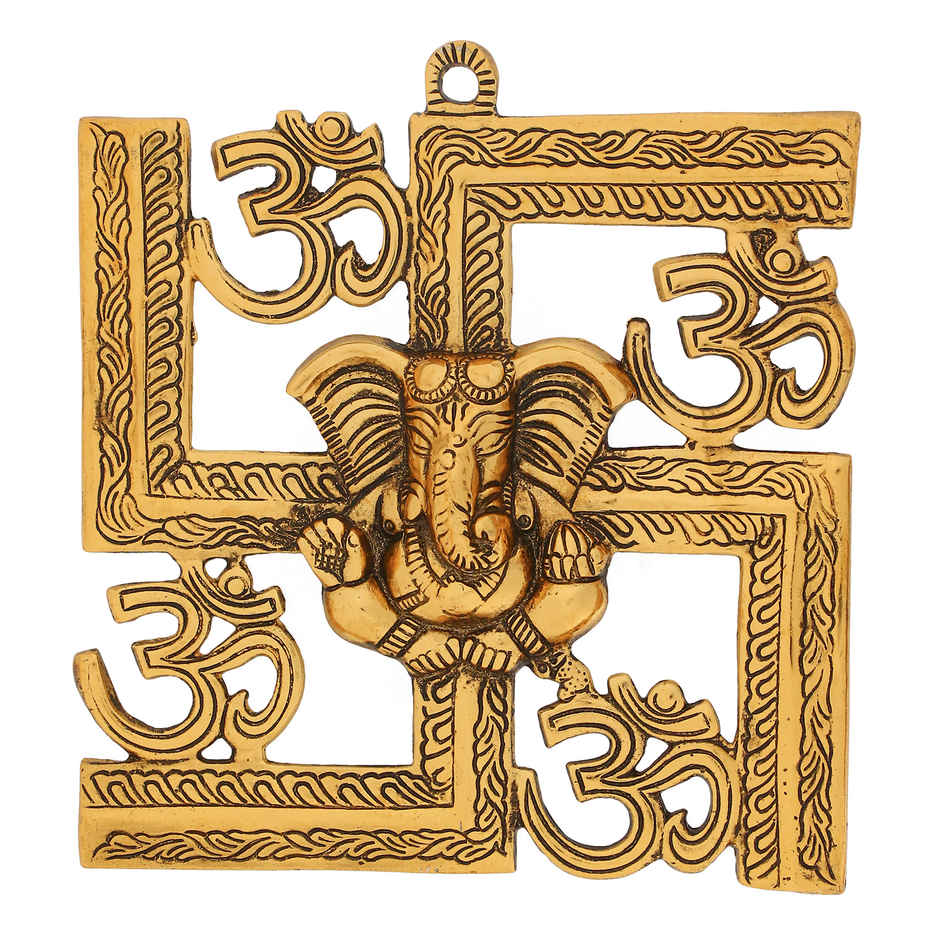 eCraftIndia Golden Lord Ganesha on Om Swastik Metal Wall Hanging