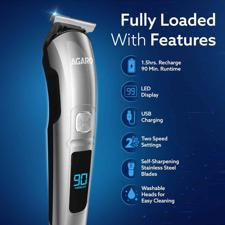 Agaro Cosmo Rechargeable Men's Beard Trimmer, Cordless, 4 Length Setting, 2 Speed, 90 Mins Runtime