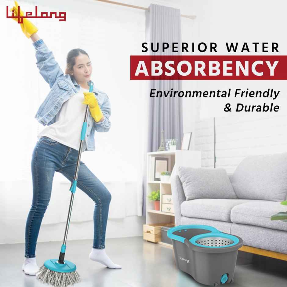 Lifelong 10L Spin Floor Mop with Bucket with 360 Degree Spinner, Microfiber Refills | Blue LLMOP902
