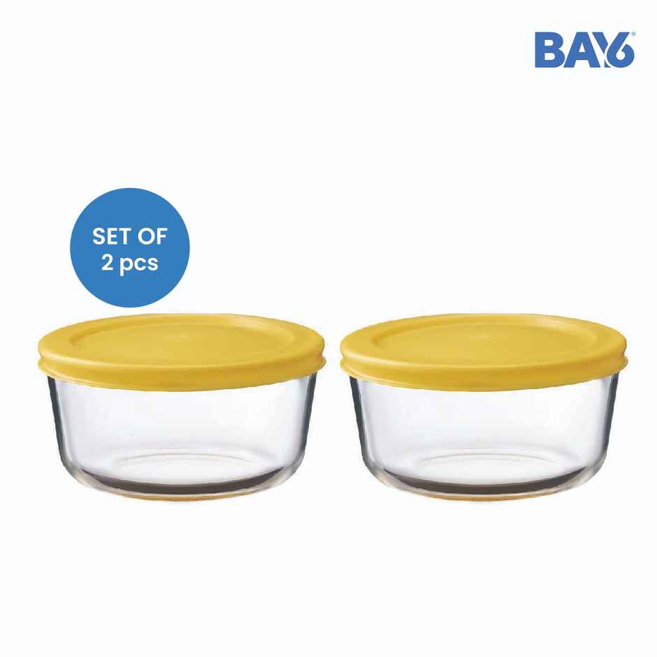 BAY6 Premium Imported Borosilicate Glass Container with Lid -236 ml - Round - Set of 2 - Yellow