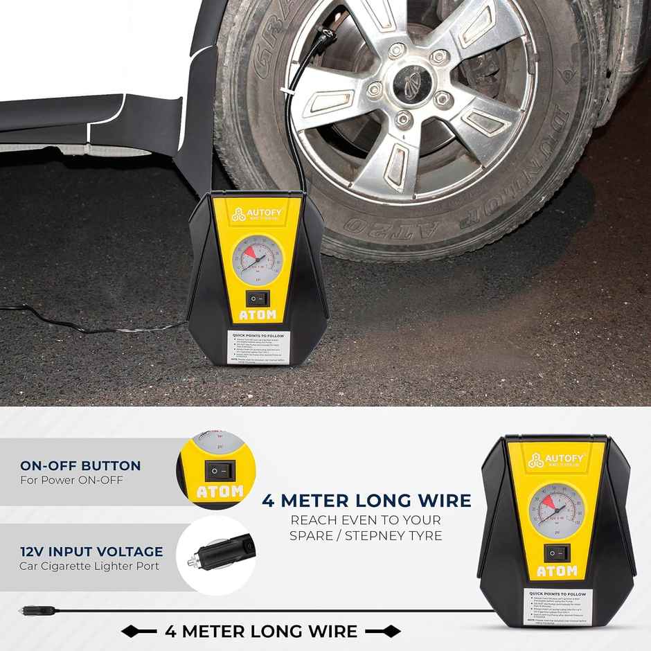 Autofy Atom Car Tyre Inflator 100Psi Portable Air Compressor Pump | 12V Dc