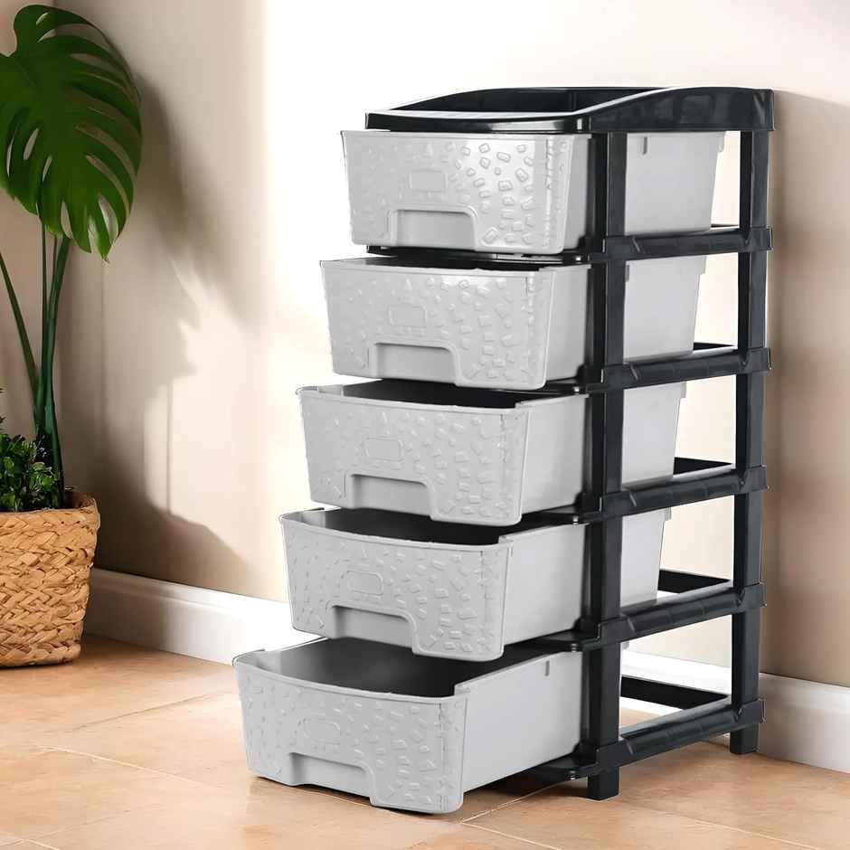 Kuber Industries Modular 5-Layer & 60 L Plastic Drawer Storage Organiser | Black & Grey