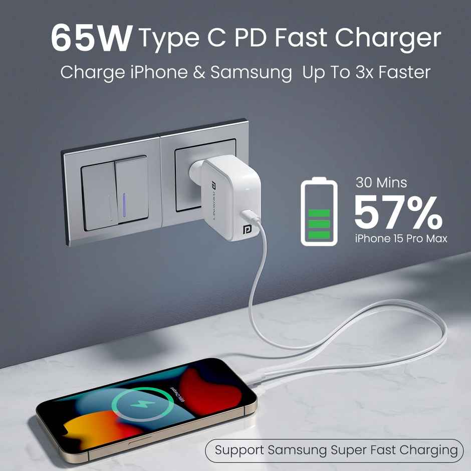 Portronics Adapto 65C 65W Type C PD Super Fast Charger Adapto | White