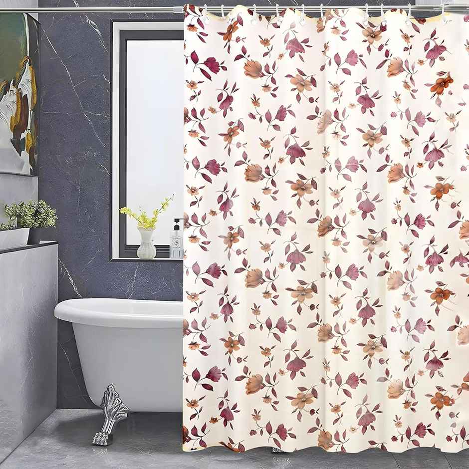 Kuber Industries Leaf Design PVC Shower Curtain with 8 Hook|Size 7 Feet (Cream | Washable)