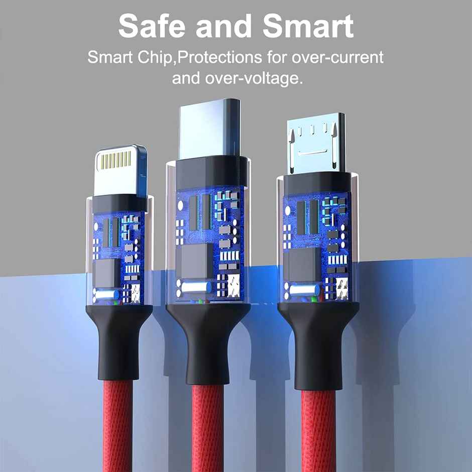 Bestor Multi Charging Cable 3 in 1 Nylon Braided Multiple USB Fast Charging Cable for Android, iOS and Type C Devices USB Port Connectors Compatible Smart Phones & Tablets - Red