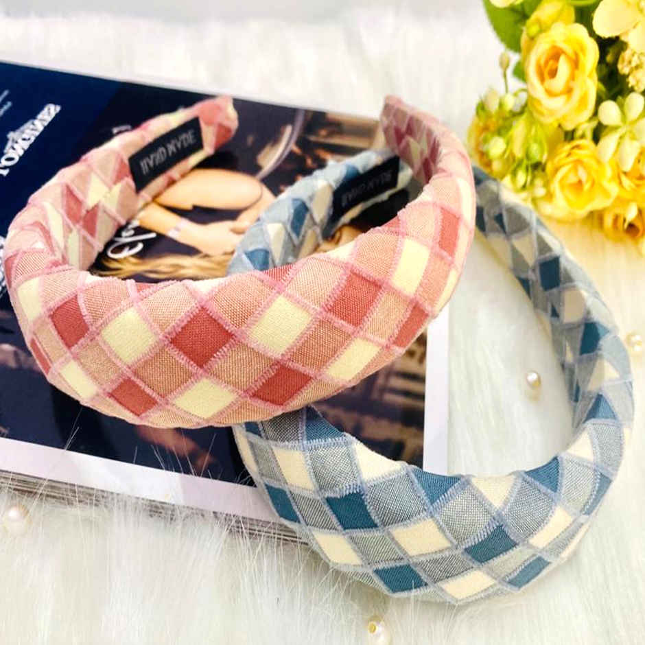 Majestique Padded & Wide Headbands | Puffy Sponge | Check Printed Vintage Hair Accessories