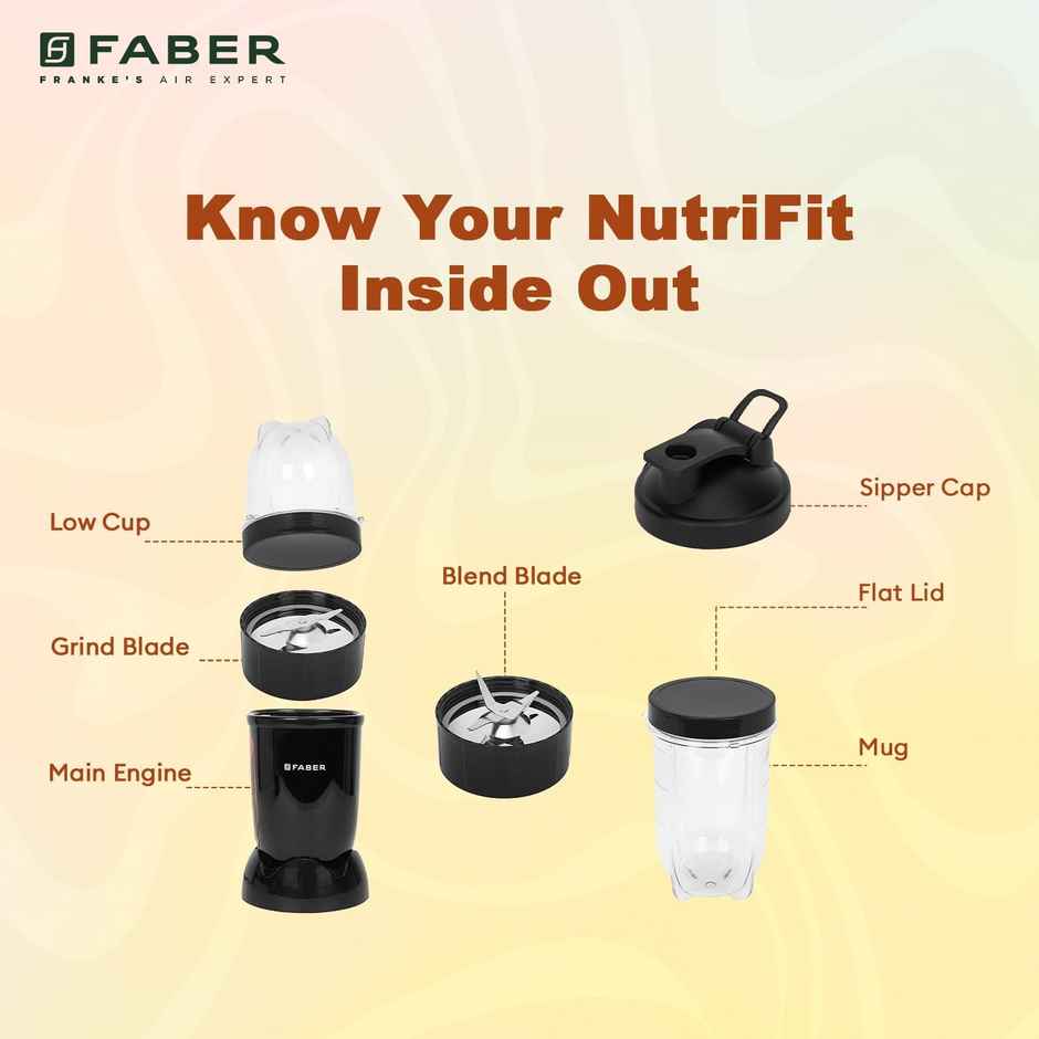 Faber Sportz Blender 2-in-1 Nutrifit Nero | 400W | Detachable SS Blade | 2 PC Jar 500ML & 300ML