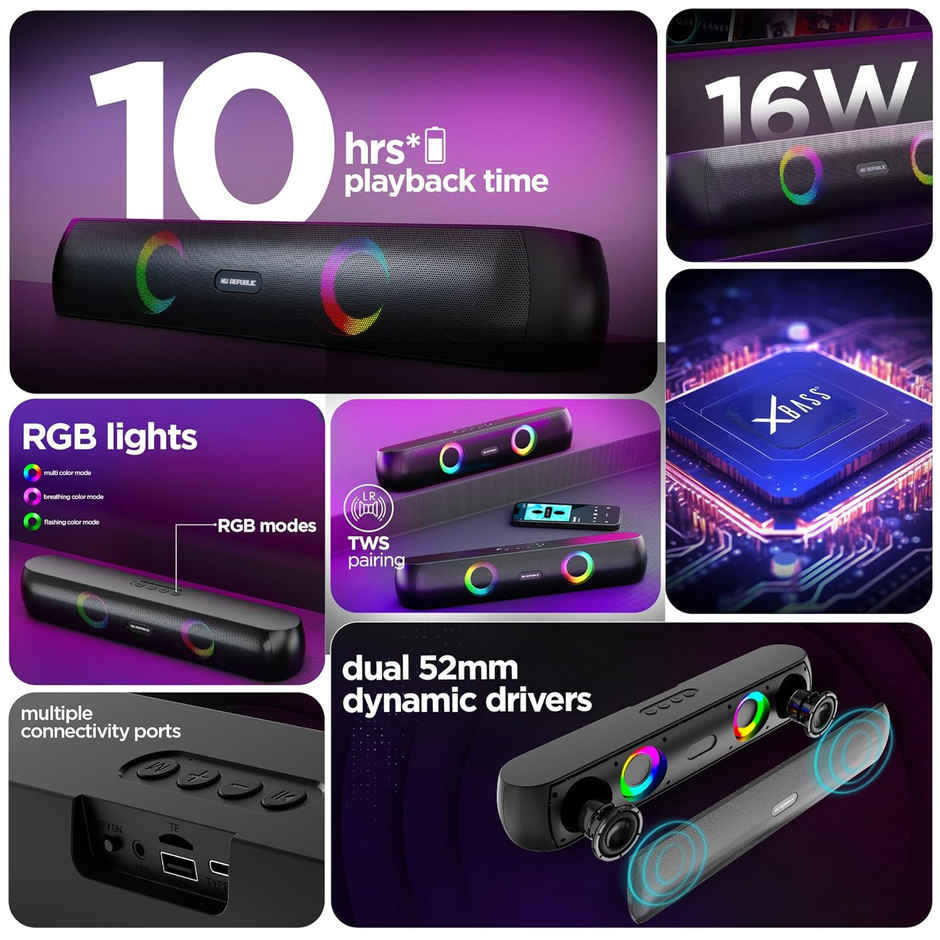 Nu Republic Party Box 160Bluetooth Soundbar,16W Output,10Hrs Playtime,Black