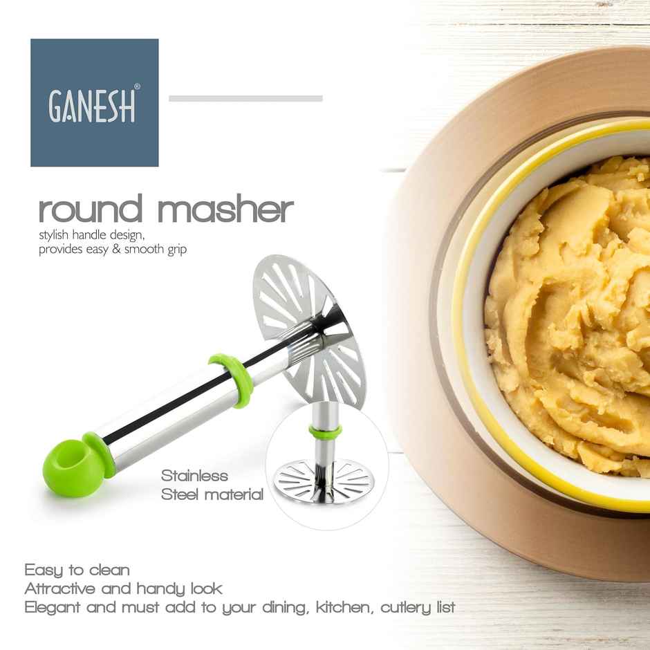 Ganesh Stainless Steel Potato Crusher Vegetable Smasher Pav Bhaji Masher With Handle - Assorted