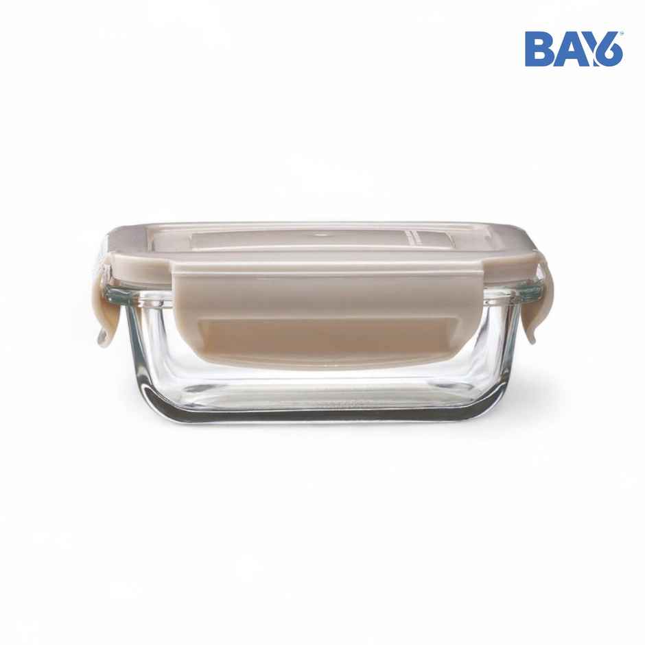 BAY6 Premium Imported Borosilicate Glass Container with Lid 180 ml - Rectangle - Beige
