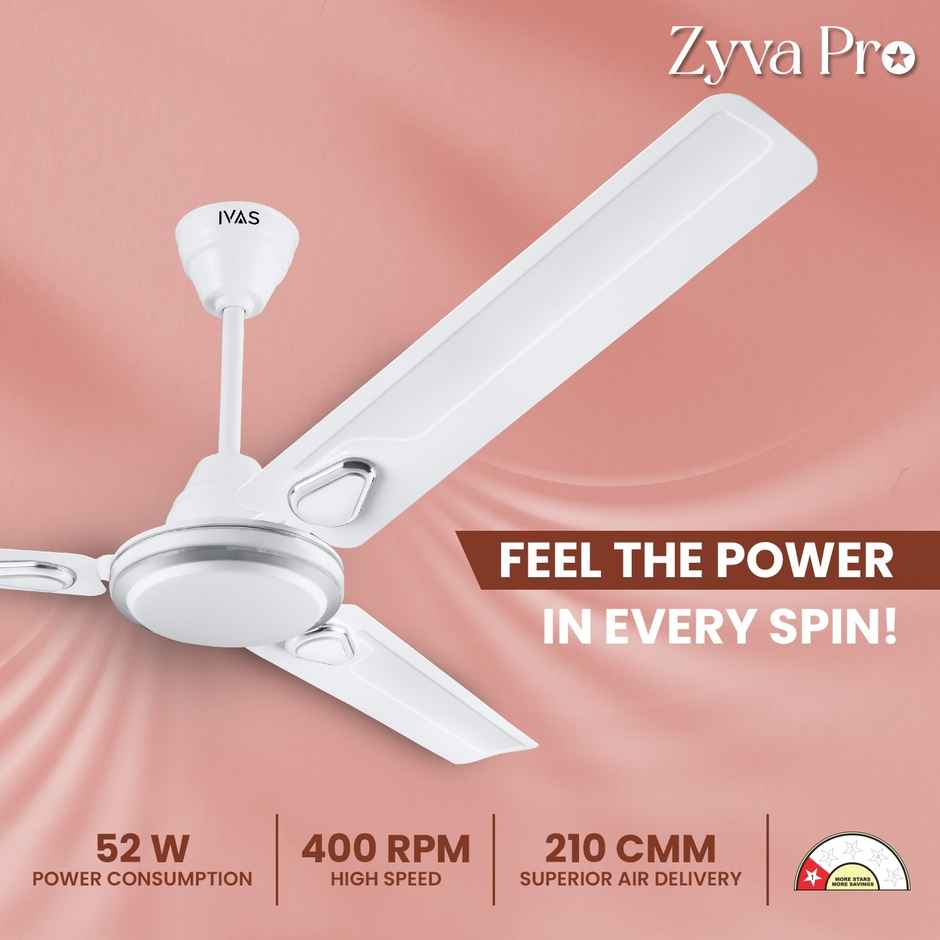 Ivas Zyva Pro Ceiling Fan, 1200mm, 400 RPM, Star Rated, White