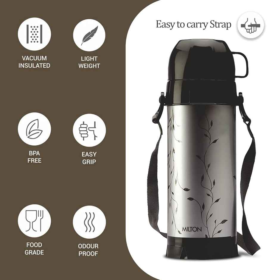 Milton Eiffel 1000 Vacuum Insulated Thermos Flask With Strap To Carry | 910Ml | Bottle | Black