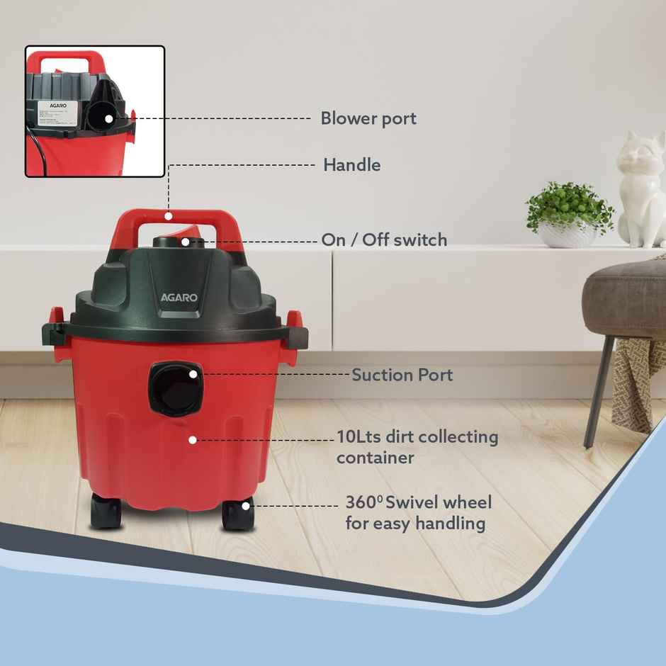 Agaro Rapid Vacuum Cleaner, 1000W, Wet & Dry, Blower Function, 10L Tank Capacity, 16.5 Kpa Suction