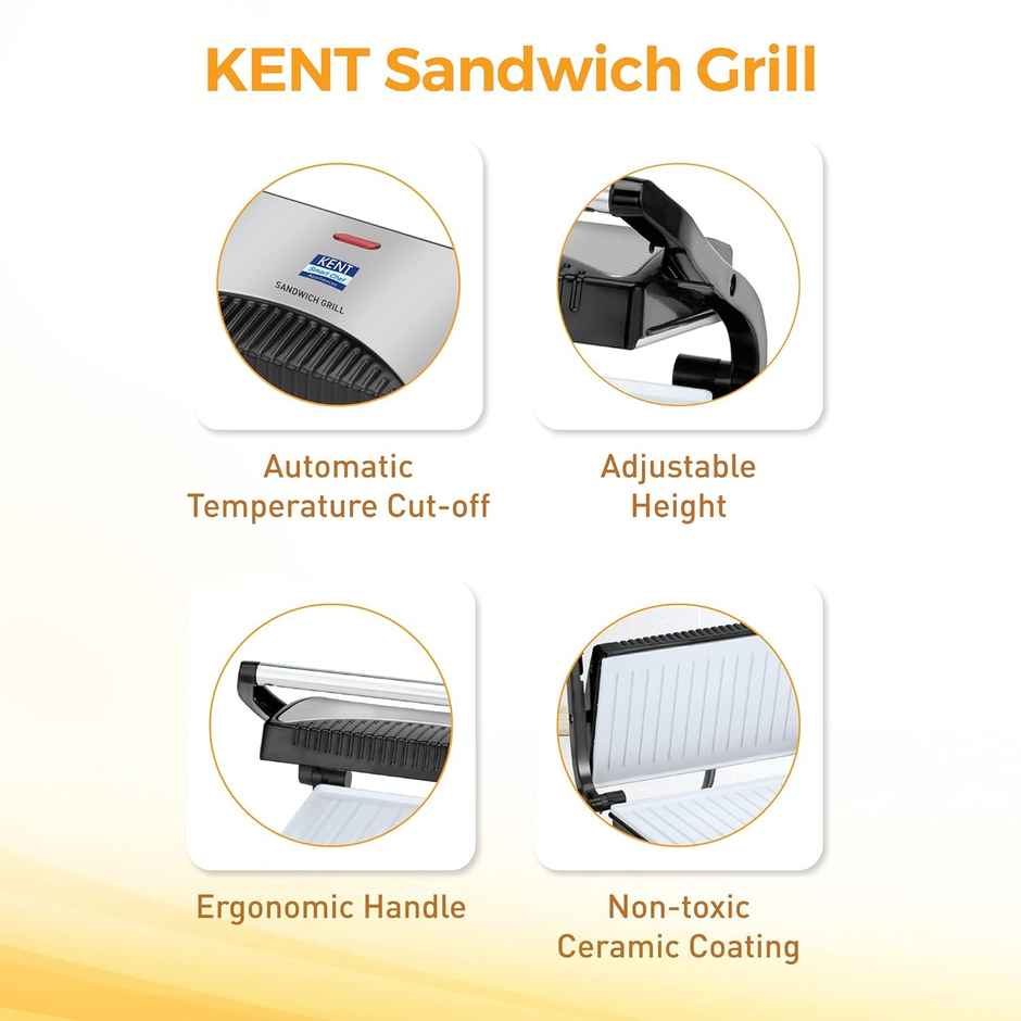 Kent 16025 Sandwich Grill 700W | Automatic Temperature Cut-Off With Led Indicator | Metallic Silver