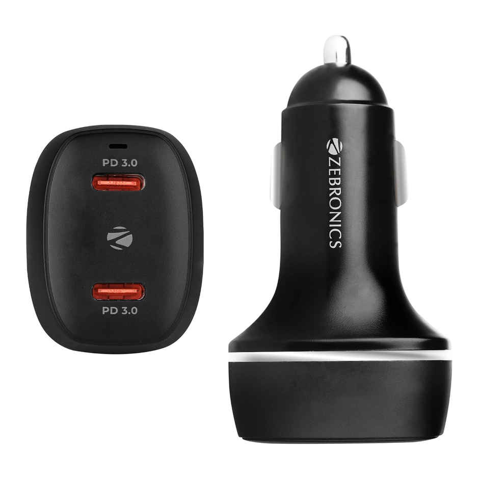 Zebronics CC60 Car Charger with 60 Watts Rapid Charge, Dual Type C Pd Ports, Compact Design, Built in Protections, Led Indicator for Smartphones - Black