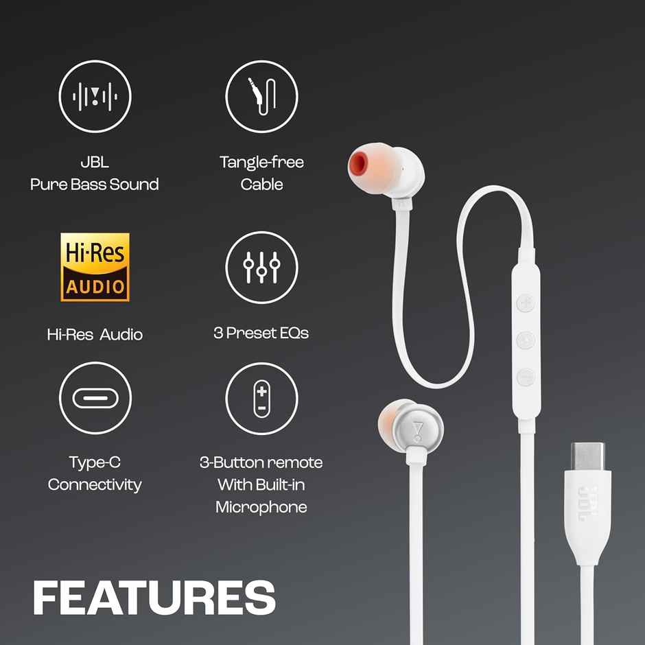JBL Tune 310 Wired In-Ear Type C Headphones, Hi-Res Audio With Digital-To-Analog Converter (White)