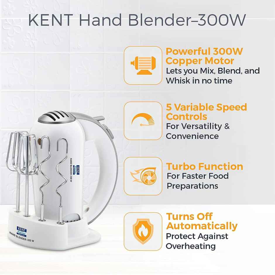 Kent 16051 Hand Blender 300 Watt, 5 Variable Speed Control, Multiple Beaters & Dough Hooks, Turbo Function, Plastic - White