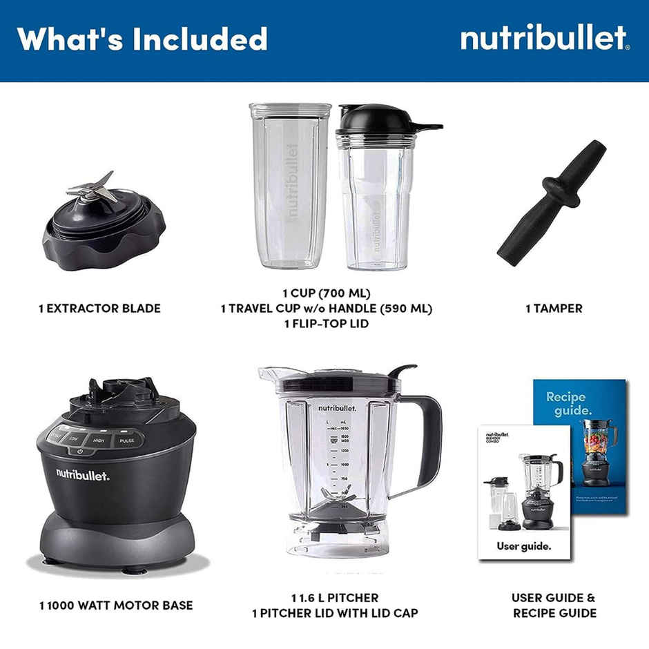 Nutribullet Combo Mixer Grinder/Smoothie Maker | 1000W | 2 Jars | 1.6L Pitcher & Tamper - Dark Grey