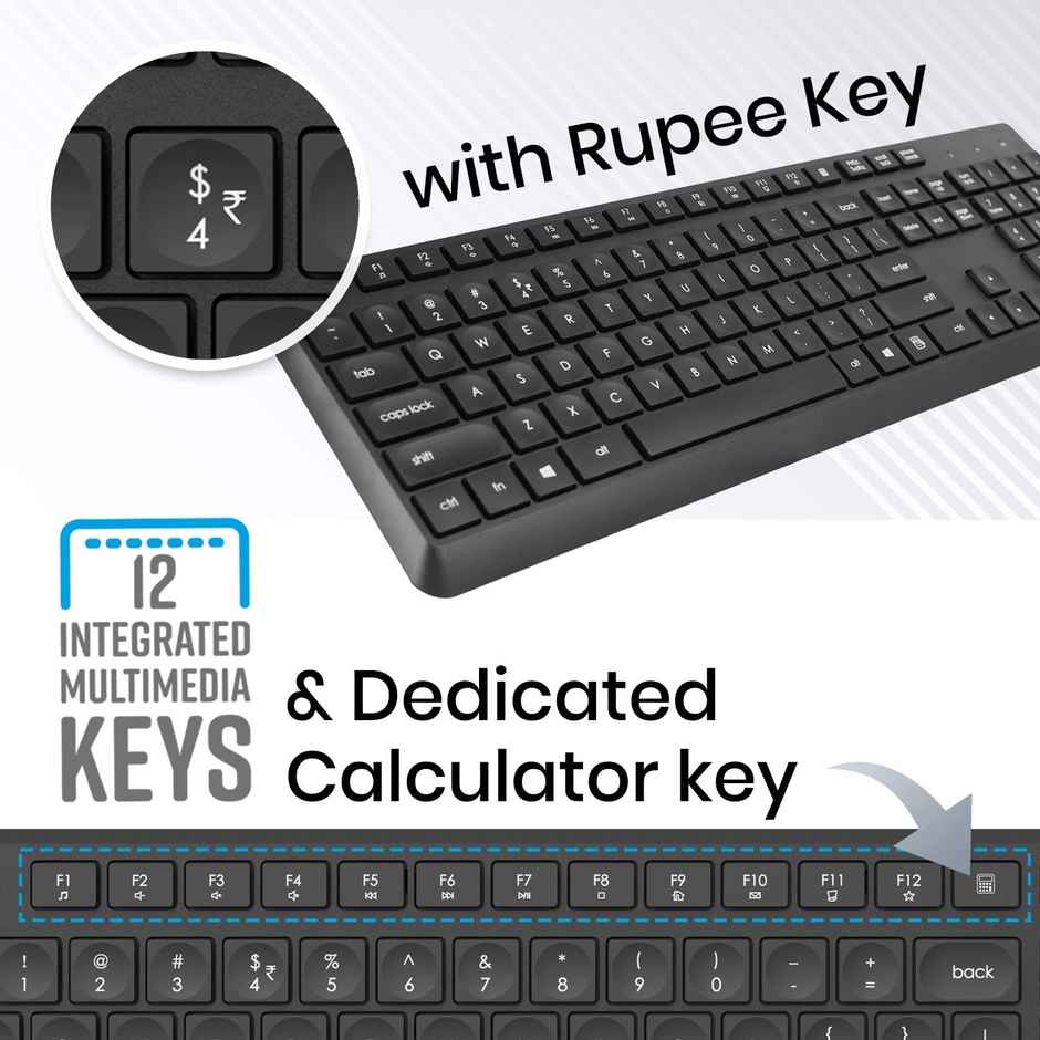Zebronics Companion 200 Wireless Combo with Silent Operation Mouse, Full Size Keyboard, 1600 DPI, Integrated Multimedia, ON/Off, Power Saving Mode, 2.4GHz Nano Receiver and Plug Play Usage - Black